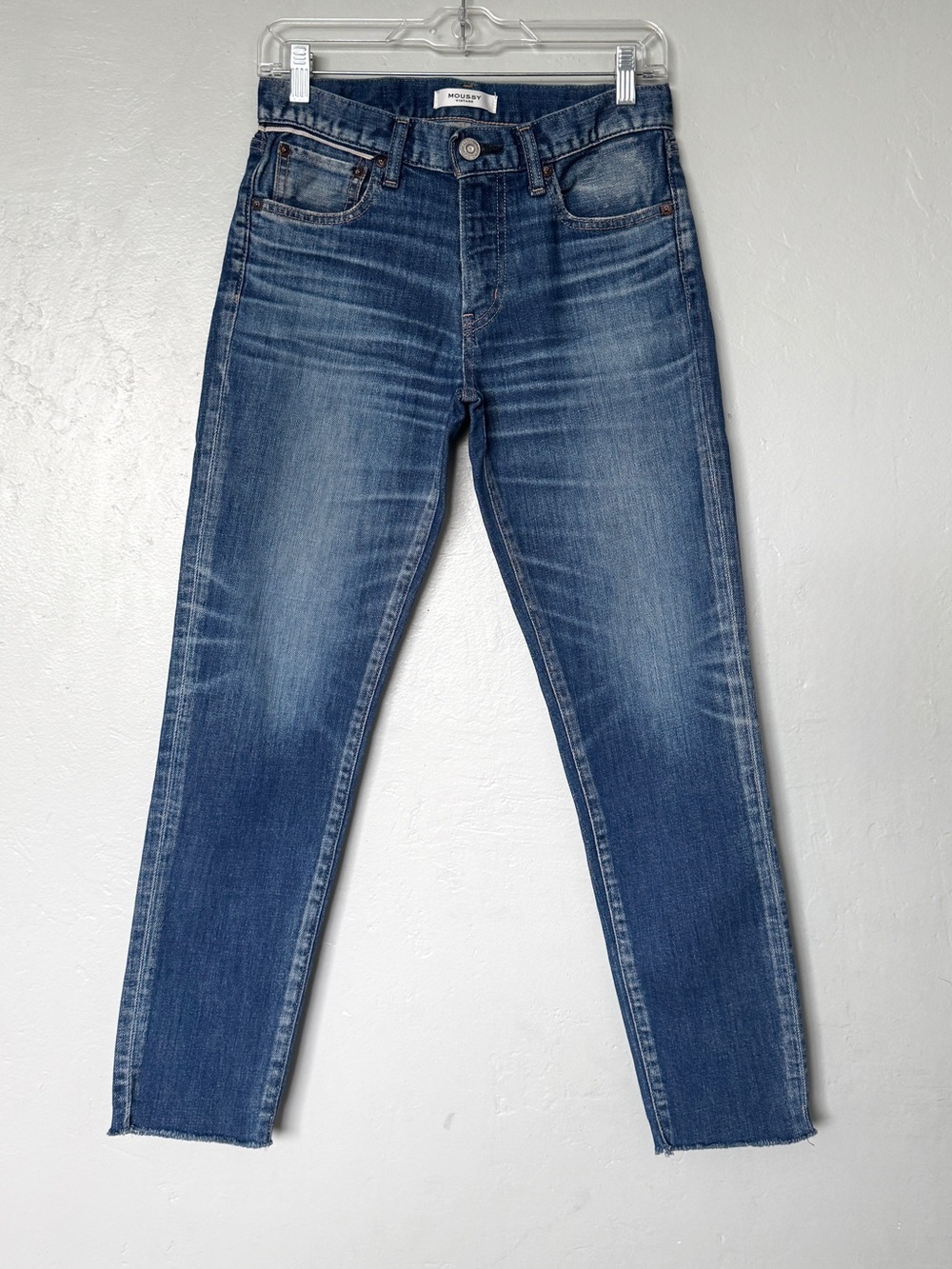 Moussy Vintage Howa Mid-Rise Heavy Faded Distressed Jeans Dark Blue Size 26